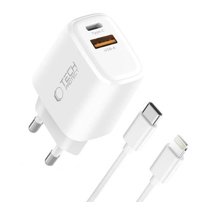 Mrežni punjač sa Lightning kablom Tech-Protect NCA20, 20W, 3A, 1 x USB-A - 1 x USB-C, Bela