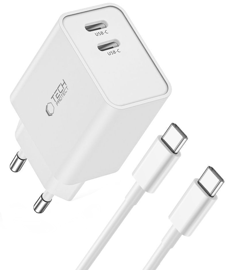 Mrežni punjač sa USB-C kablom Tech-Protect C35W, 35W, 3A, 2 x USB-C, Bela