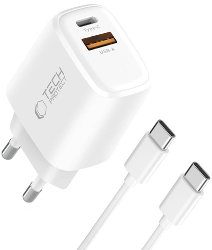 Punjač za mrežu sa USB-C kablom Tech-Protect NCA20, 20W, 3A, 1 x USB-A - 1 x USB-C, Bela