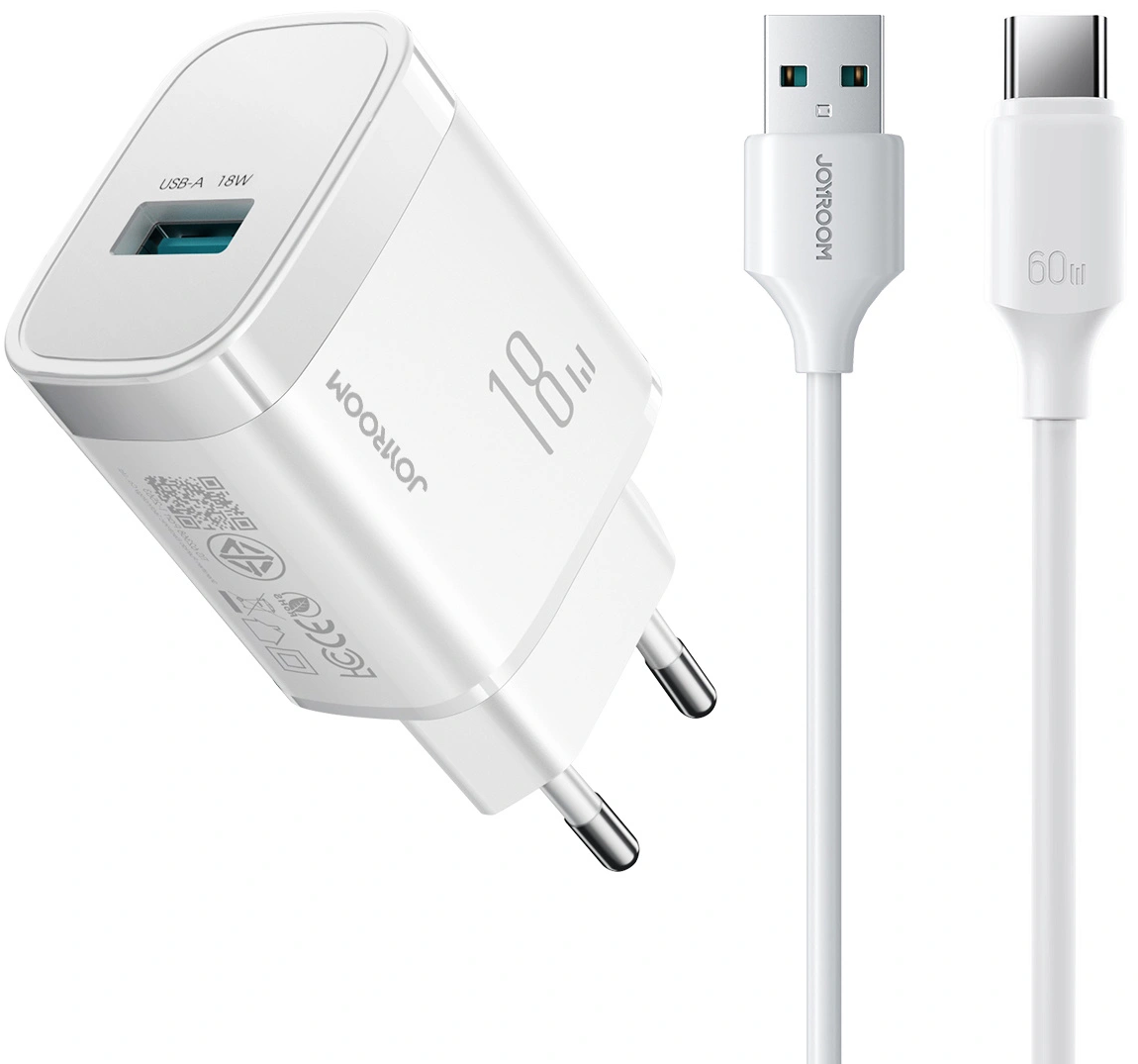 Punjač za mrežu sa USB-C kablom Joyroom JR-TF4, 18W, 3A, 1 x USB-A, Bela