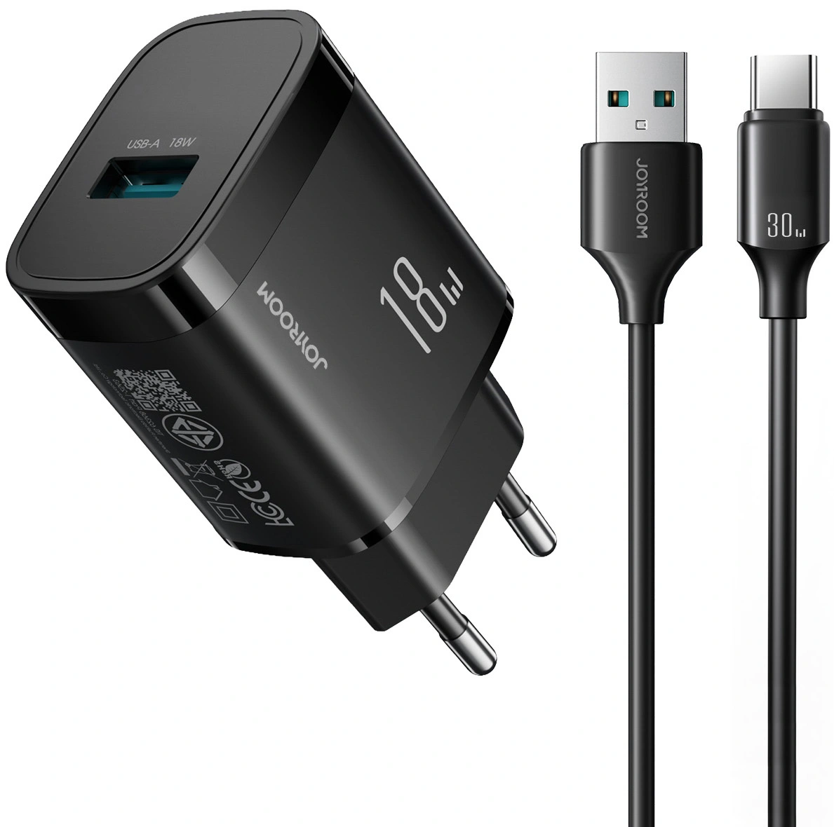 Punjač za mrežu sa USB-C kablom Joyroom JR-TF4, 18W, 3A, 1 x USB-A, Crni
