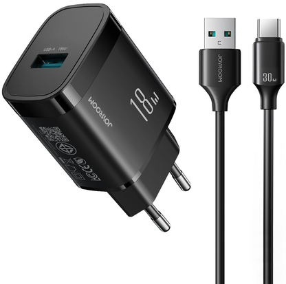 Punjač za mrežu sa USB-C kablom Joyroom JR-TF4, 18W, 3A, 1 x USB-A, Crni