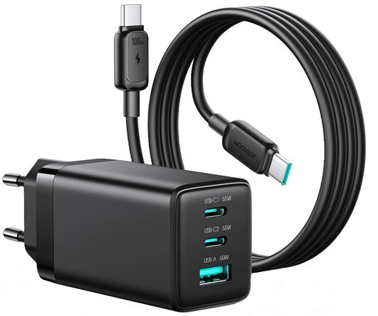Punjač za mrežu sa USB-C kablom Joyroom JR-TG10, 65W, 3.25A, 1 x USB-A - 2 x USB-C, Crna