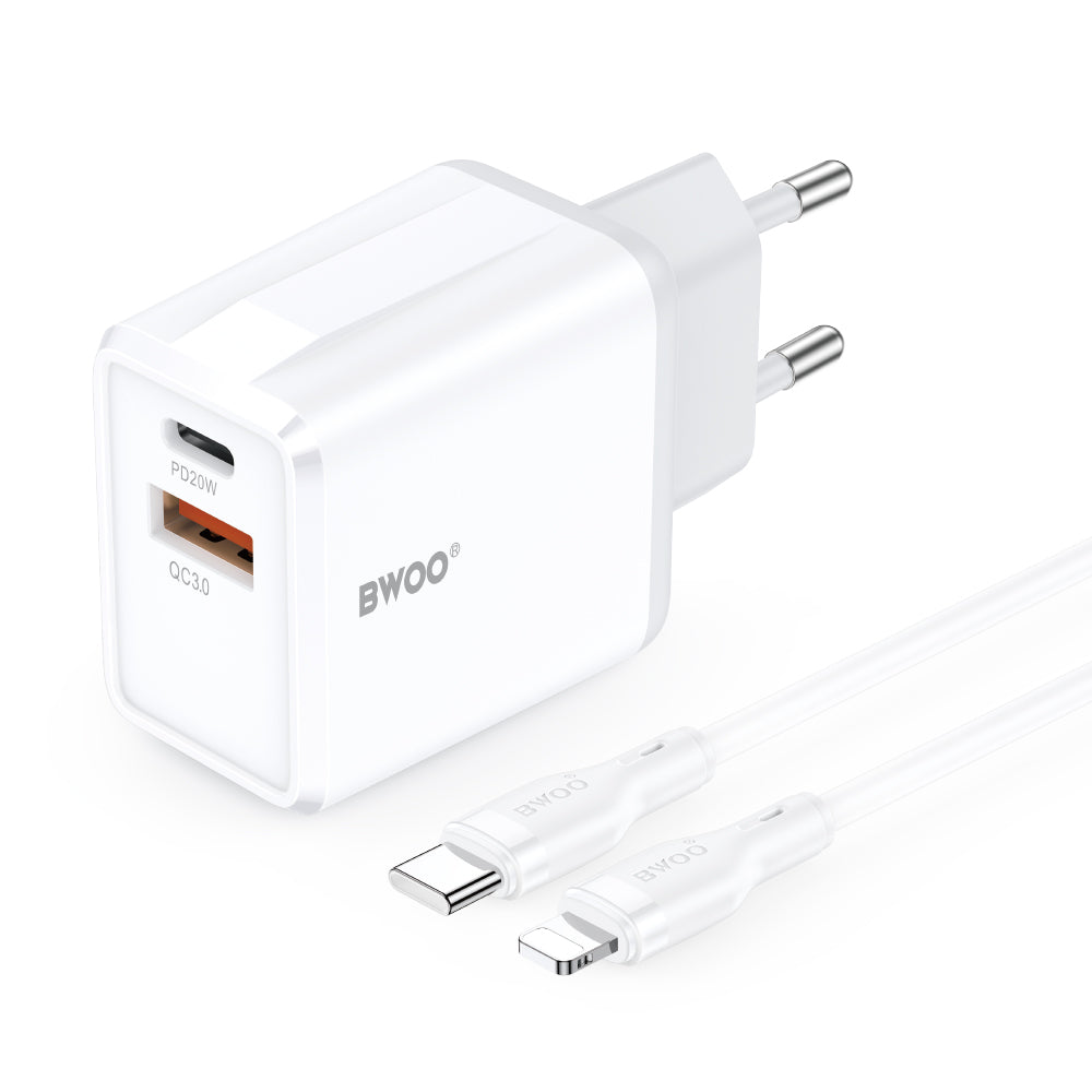 Punjač za mrežu sa Lightning kablom BWOO CDA182, 38W, 3A, 1 x USB-A - 1 x USB-C, Bela