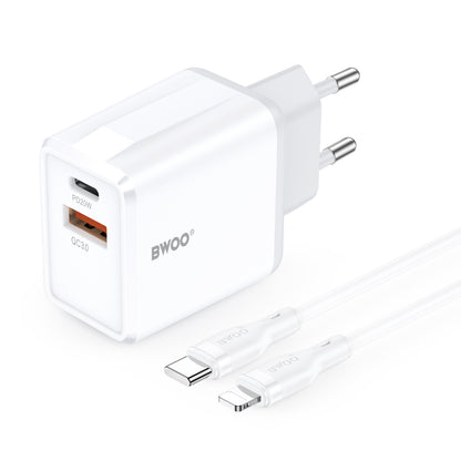 Punjač za mrežu sa Lightning kablom BWOO CDA182, 38W, 3A, 1 x USB-A - 1 x USB-C, Bela