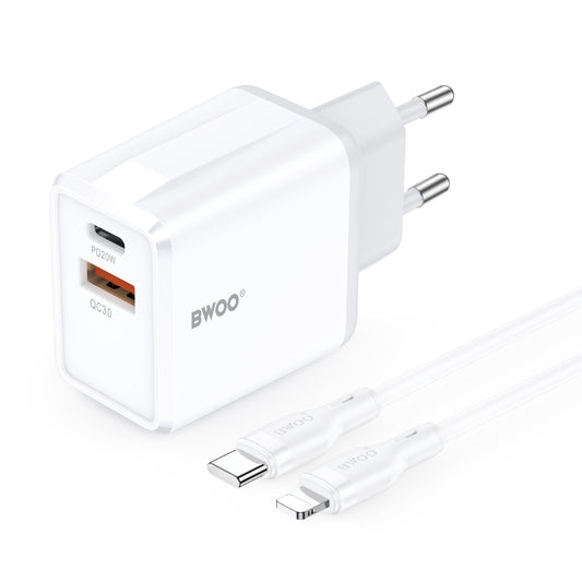 Punjač za mrežu sa Lightning kablom BWOO CDA182, 38W, 3A, 1 x USB-A - 1 x USB-C, Bela