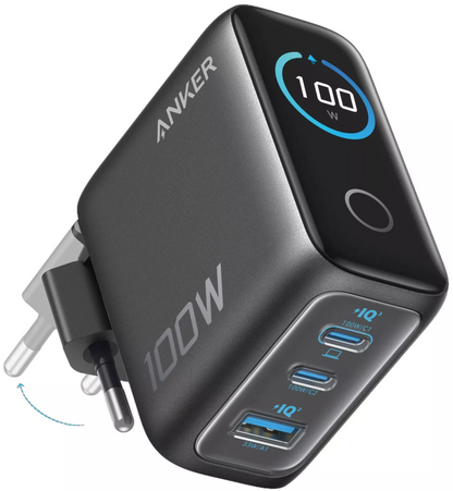 Punjač za mrežu sa USB-C kablom Anker Smart Display, 100W, 5A, 1 x USB-A - 2 x USB-C, Siva, Refabrikovan B121BGZ1