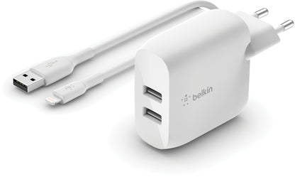 Punjač za mrežu sa USB-C kablom Belkin BoostCharge Dual, 24W, 2.4A, 2 x USB-A, Bela WCE001vf1MWH