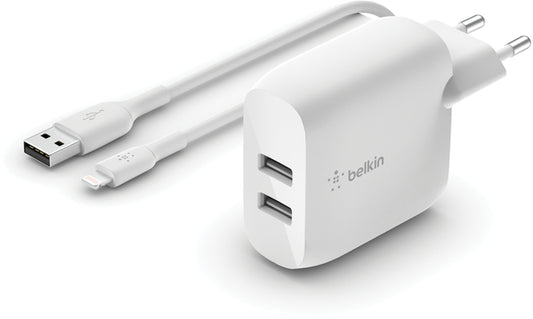 Punjač za mrežu sa USB-C kablom Belkin BoostCharge Dual, 24W, 2.4A, 2 x USB-A, Bela WCE001vf1MWH