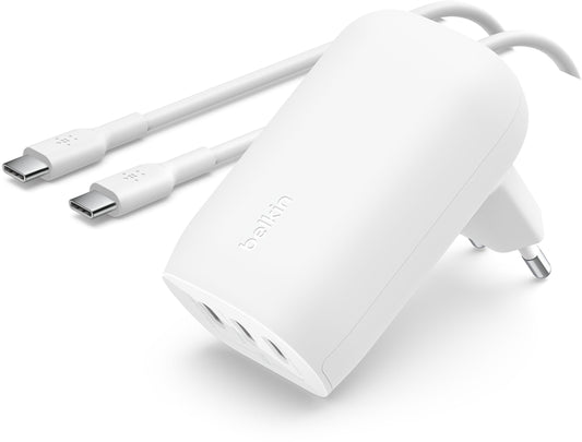 Punjač za mrežu sa USB-C kablom Belkin BoostCharge, 67W, 3A, 3 x USB-C, Bela WCC002vf2MWH-B6