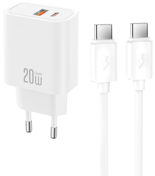 Punjač za mrežu sa USB-C kablom XO Design CE40, 20W, 3A, 1 x USB-A - 1 x USB-C, Bela