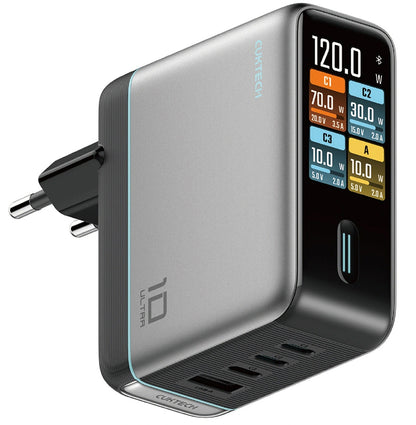 Punjač za mrežu sa USB-C kablom Cuktech AD1204U Display, 120W, 6A, 1 x USB-A - 2 x USB-C, Srebrni