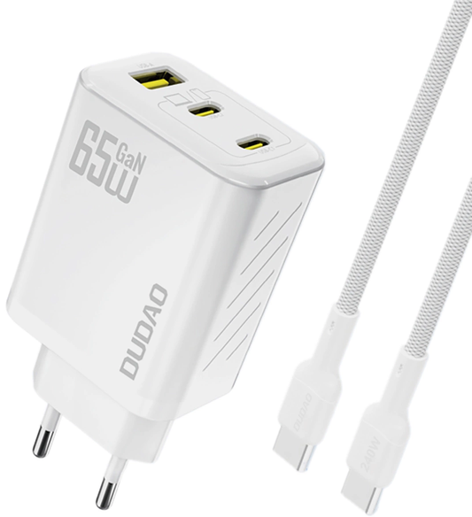Punjač za mrežu sa USB-C kablom Dudao A29C, 65W, 3.25A, 1 x USB-A - 2 x USB-C, Bela