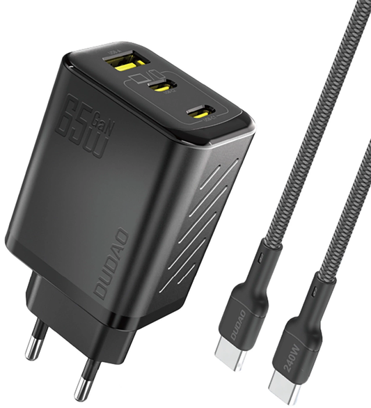 Punjač za mrežu sa USB-C kablom Dudao A29C, 65W, 3.25A, 1 x USB-A - 2 x USB-C, Crna