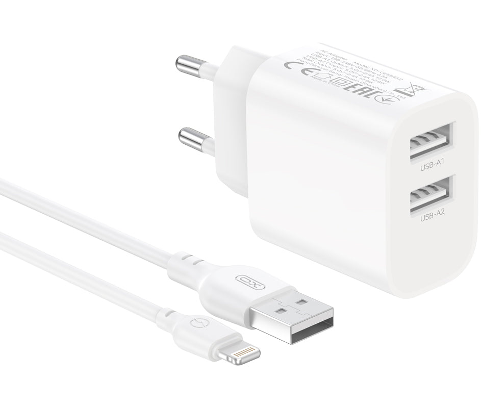 Mrežni punjač sa Lightning kablom XO Design CE55, 12 W, 2,4 A, 2 x USB-A, beli