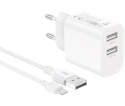 Mrežni punjač sa Lightning kablom XO Design CE55, 12 W, 2,4 A, 2 x USB-A, beli