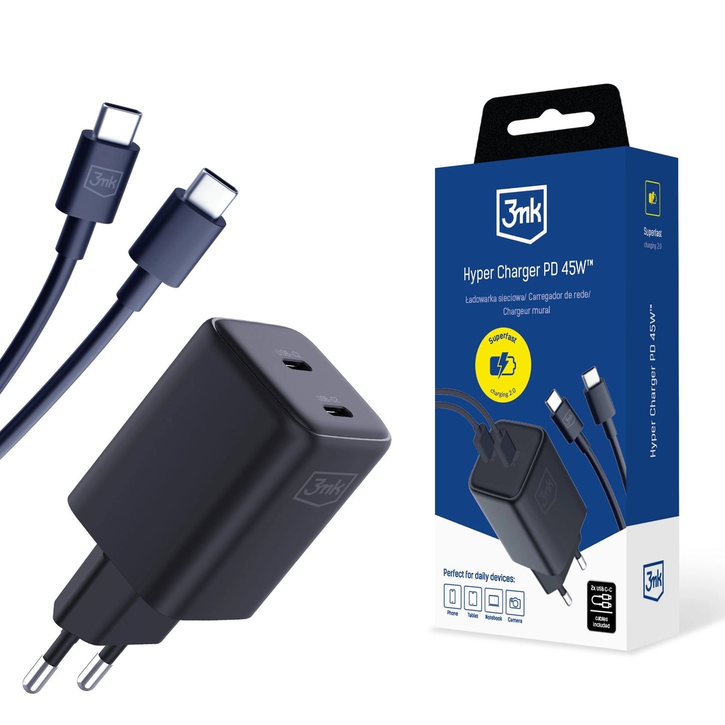 Punjač za mrežu sa USB-C kablom 3MK HyperCharger, 45W, 3A, 2 x USB-C, Crni