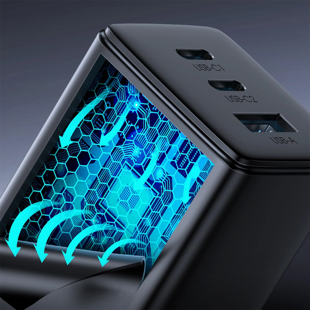 Punjač mreže sa USB-C kablom Joyroom TCG01, 65W, 3.25A, 1 x USB-A - 2 x USB-C, Crni