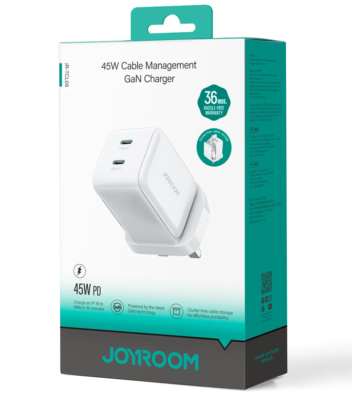 Punjač za mrežu sa USB-C kablom Joyroom JR-TCL05, 45W, 3A, 2 x USB-C, Bel