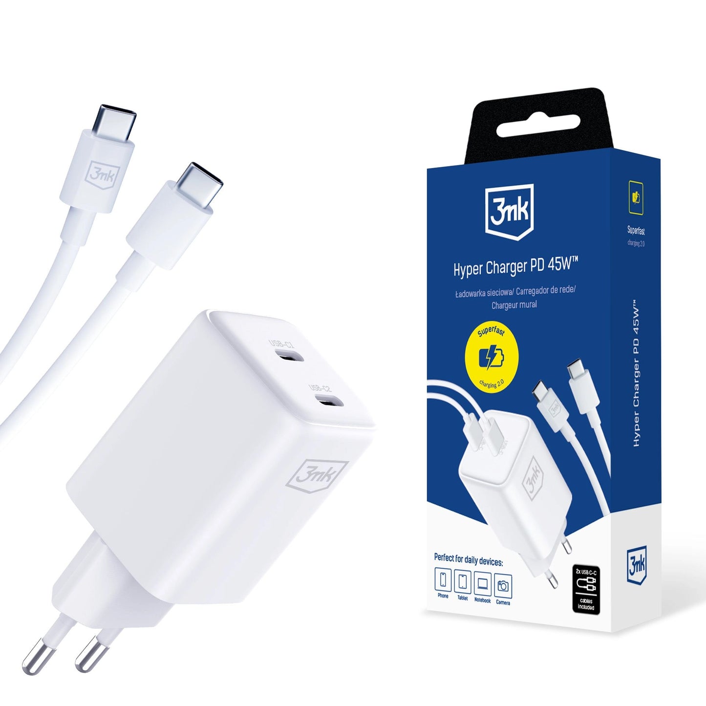 Network Charger with USB-C Cable 3MK HyperCharger, 45W, 3A, 2 x USB-C, White 