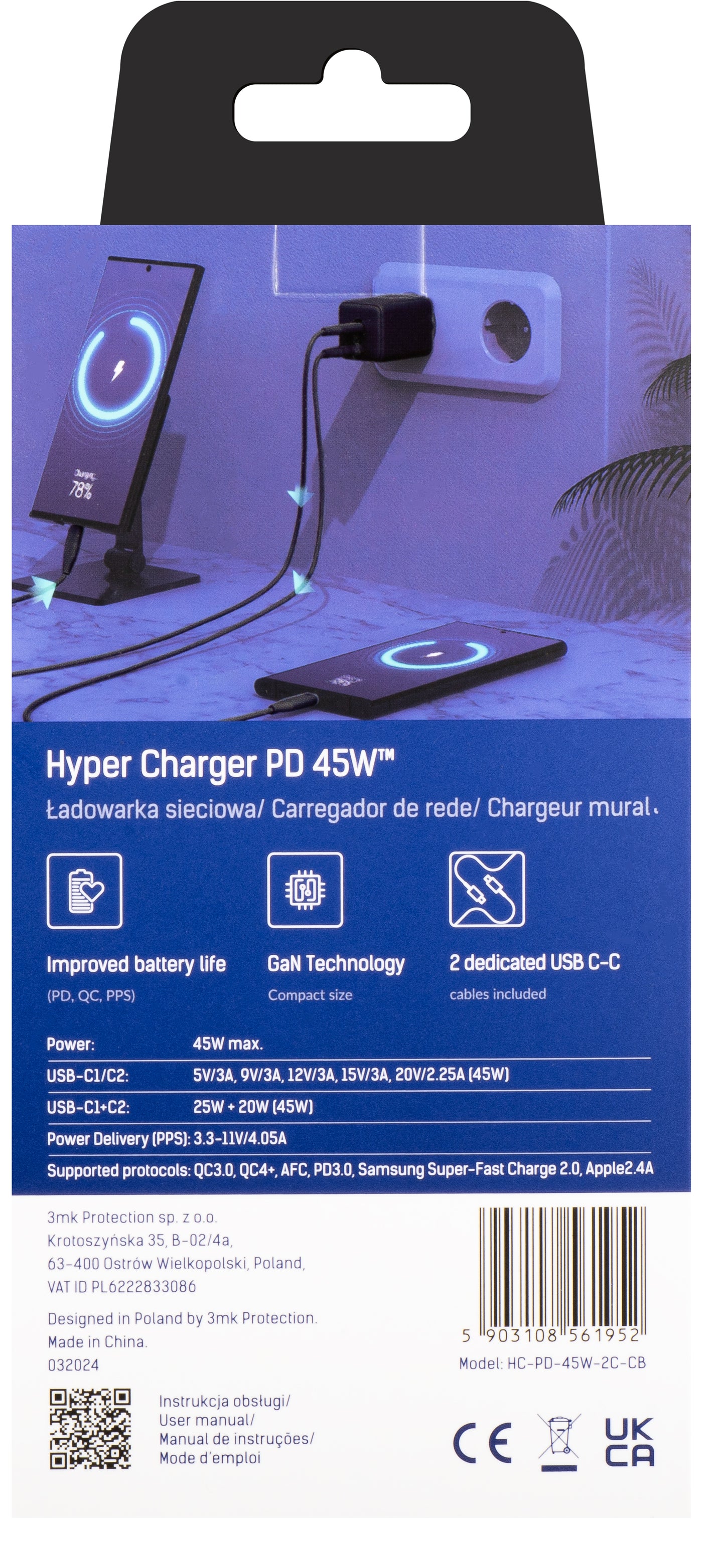 Punjač za mrežu sa USB-C kablom 3MK HyperCharger, 45W, 3A, 2 x USB-C, Crni