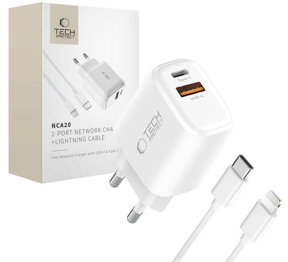 Mrežni punjač sa Lightning kablom Tech-Protect NCA20, 20W, 3A, 1 x USB-A - 1 x USB-C, Bela