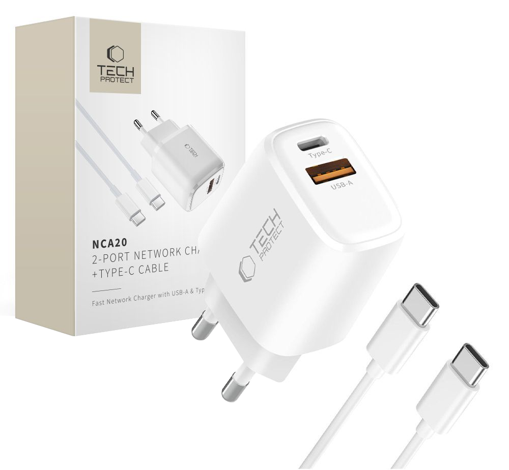 Punjač za mrežu sa USB-C kablom Tech-Protect NCA20, 20W, 3A, 1 x USB-A - 1 x USB-C, Bela