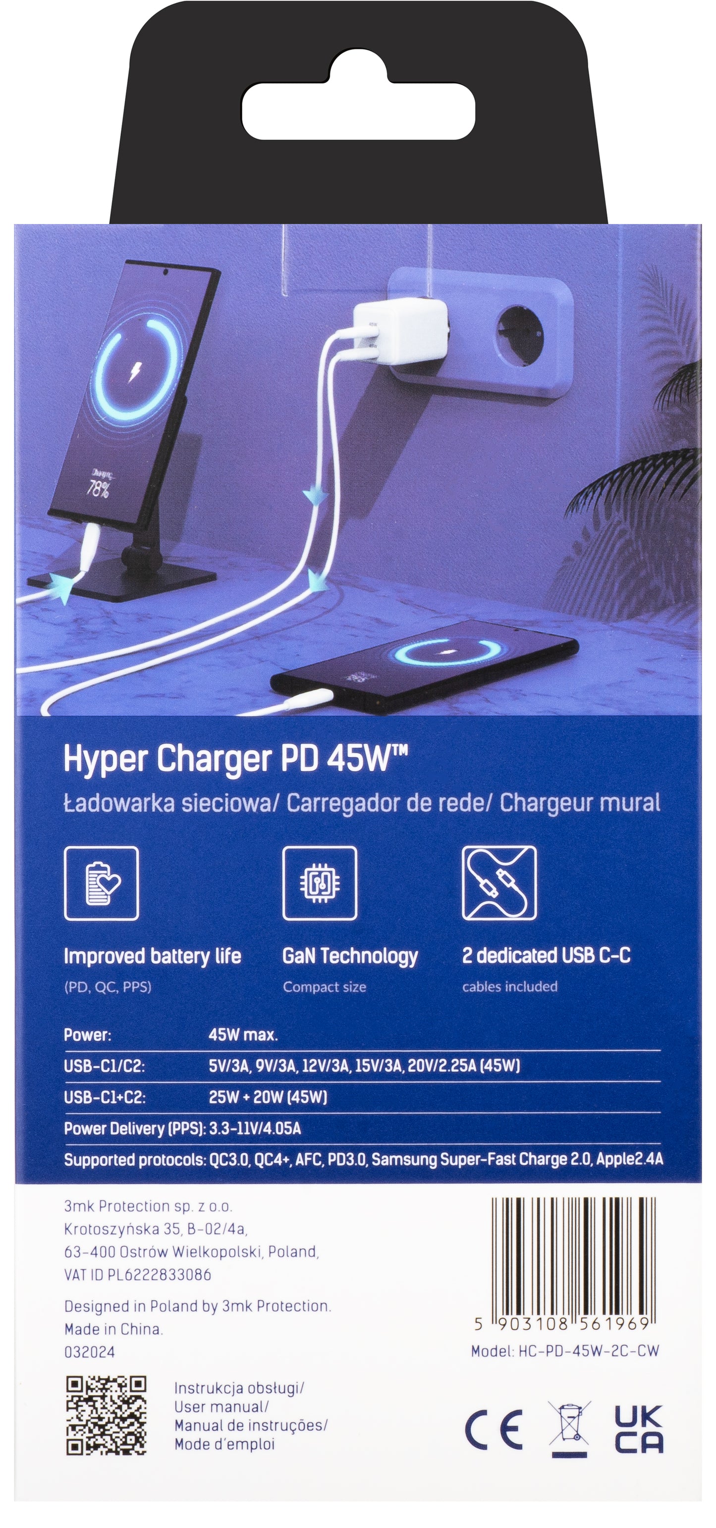 Network Charger with USB-C Cable 3MK HyperCharger, 45W, 3A, 2 x USB-C, White 