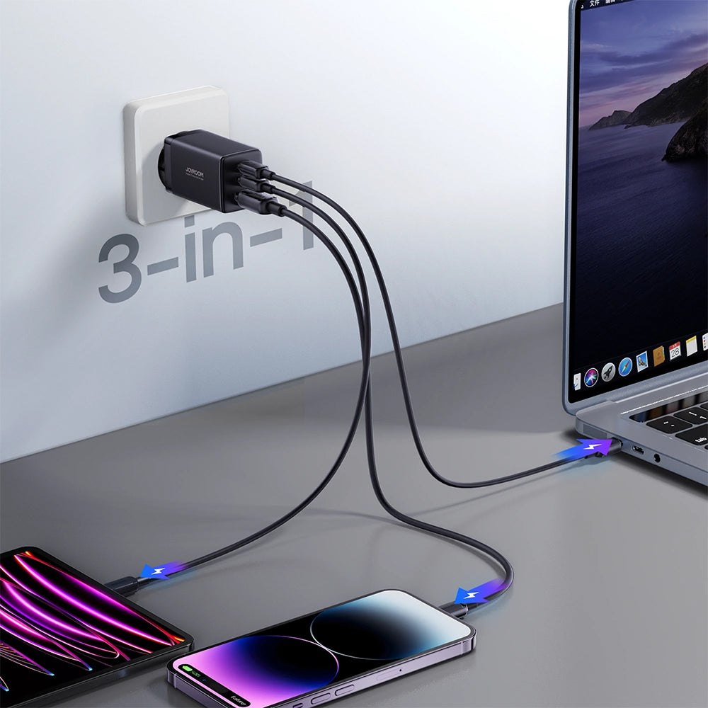 Punjač mreže sa USB-C kablom Joyroom TCG01, 65W, 3.25A, 1 x USB-A - 2 x USB-C, Crni