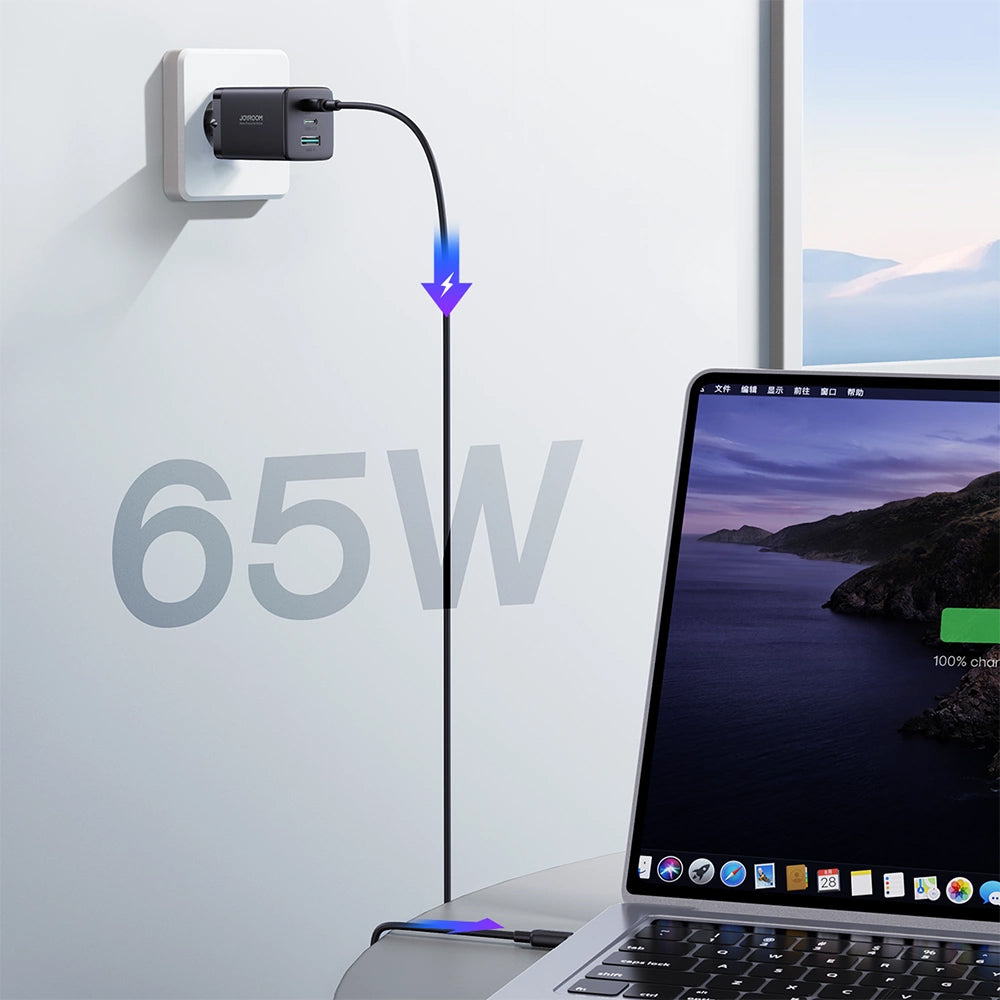 Punjač mreže sa USB-C kablom Joyroom TCG01, 65W, 3.25A, 1 x USB-A - 2 x USB-C, Crni