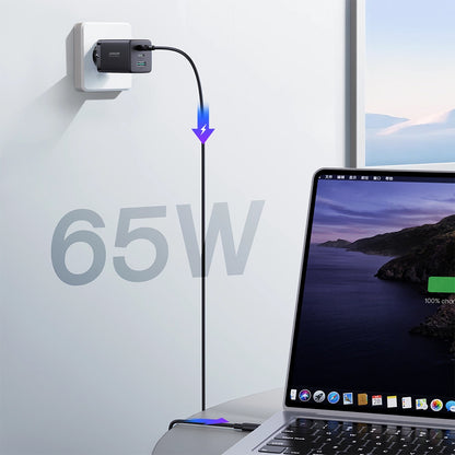 Punjač mreže sa USB-C kablom Joyroom TCG01, 65W, 3.25A, 1 x USB-A - 2 x USB-C, Crni
