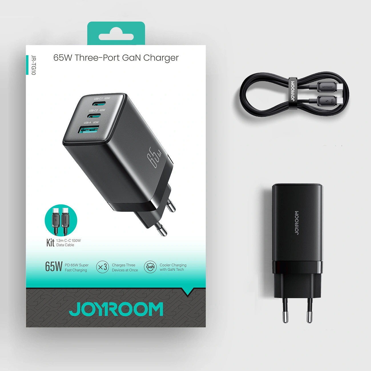 Punjač za mrežu sa USB-C kablom Joyroom JR-TG10, 65W, 3.25A, 1 x USB-A - 2 x USB-C, Crna