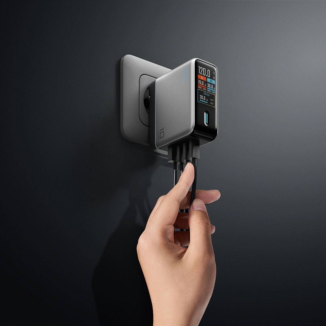 Punjač za mrežu sa USB-C kablom Cuktech AD1204U Display, 120W, 6A, 1 x USB-A - 2 x USB-C, Srebrni