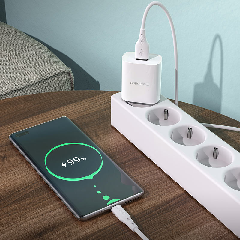 Punjač za mrežu sa USB-C kablom Borofone BN1, 10W, 2.1A, 1 x USB-A, Beli