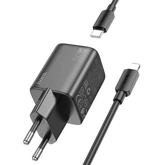 Punjač za mrežu sa Lightning kablom HOCO N41, 20W, 3A, 1 x USB-A - 1 x USB-C, Crni