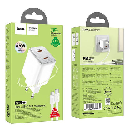 Network Charger with USB-C Cable HOCO N42, 45W, 3A, 2 x USB-C, White 