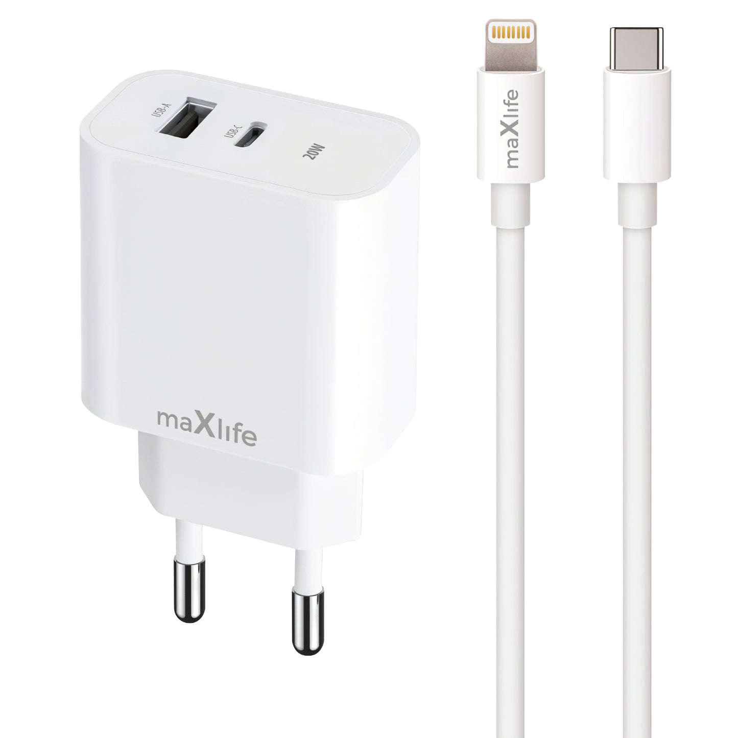 Punjač za mrežu sa Lightning kablom MaXlife MXTC-06-20AC, 20W, 3A, 1 x USB-A - 1 x USB-C, Beli