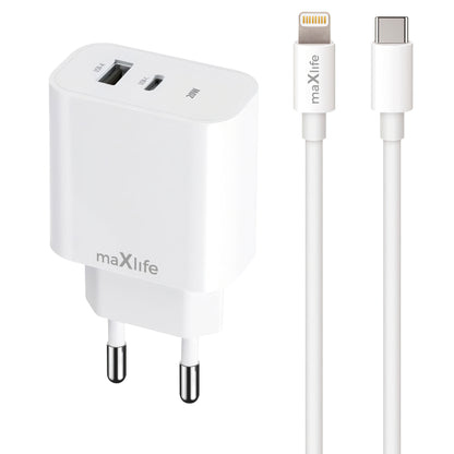Punjač za mrežu sa Lightning kablom MaXlife MXTC-06-20AC, 20W, 3A, 1 x USB-A - 1 x USB-C, Beli