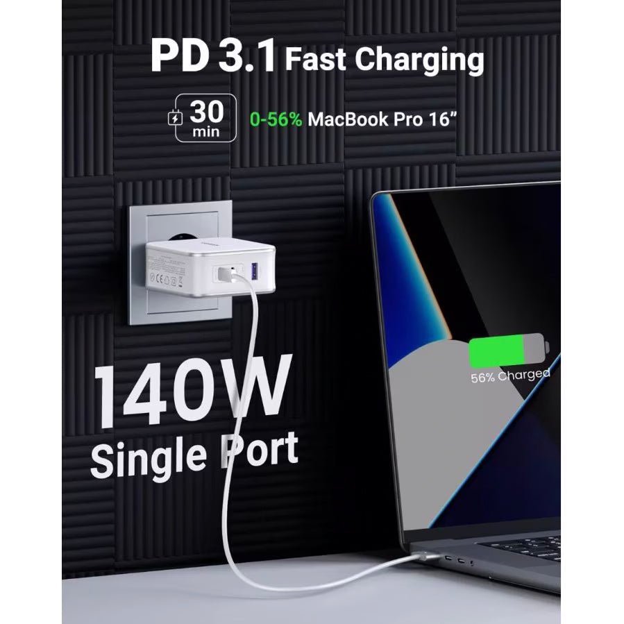 Punjač za mrežu sa USB-C kablom UGREEN CD289, 140W, 5A, 1 x USB-A - 2 x USB-C, Beli