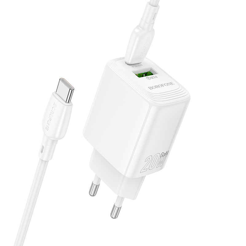 Punjač za mrežu sa USB-C kablom Borofone BN27 Fuente, 20W, 3A, 1 x USB-A - 1 x USB-C, Beli