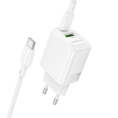 Punjač za mrežu sa USB-C kablom Borofone BN27 Fuente, 20W, 3A, 1 x USB-A - 1 x USB-C, Beli
