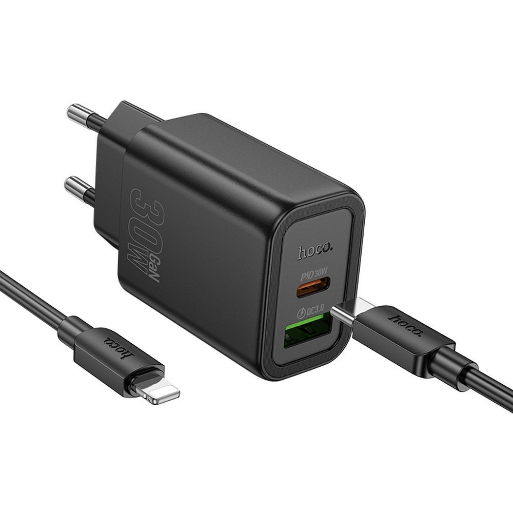 Punjač za mrežu sa Lightning kablom HOCO N63, 30W, 3A, 1 x USB-A - 1 x USB-C, Crni
