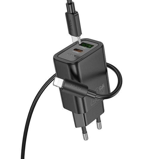 Punjač za mrežu sa USB-C kablom HOCO N61, 20W, 3A, 1 x USB-A - 1 x USB-C, Crni