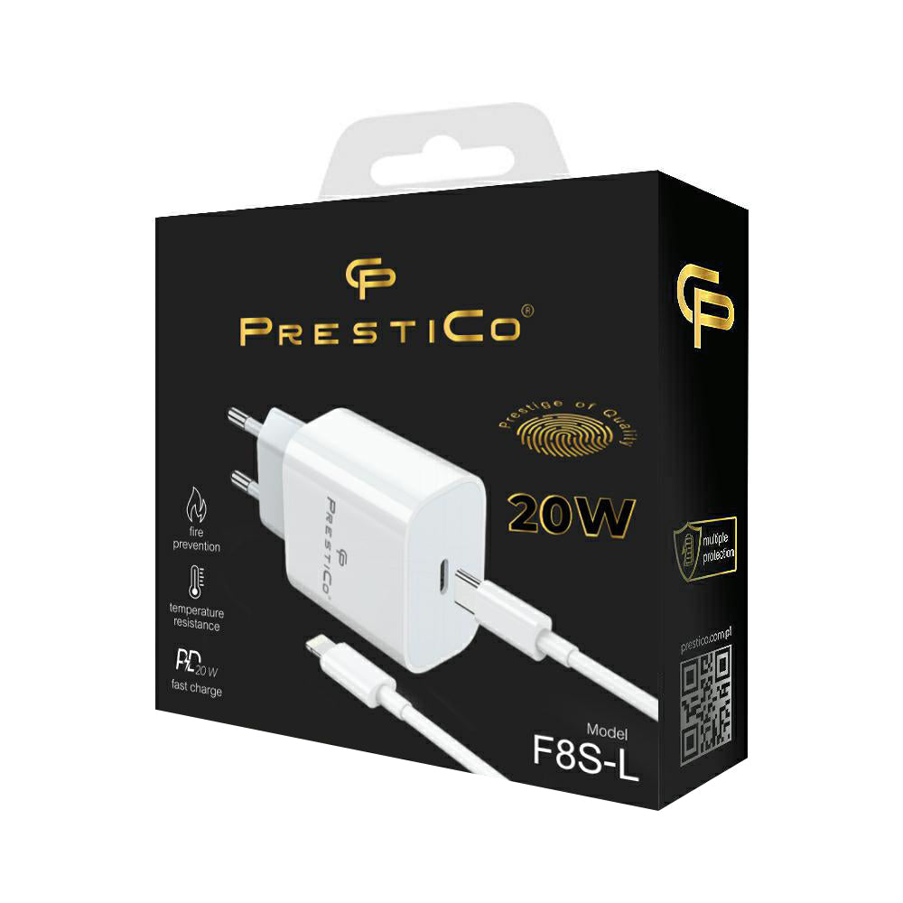 Punjač za mrežu sa Lightning kablom Prestico F8S, 20W, 3A, 1 x USB-C, Bela