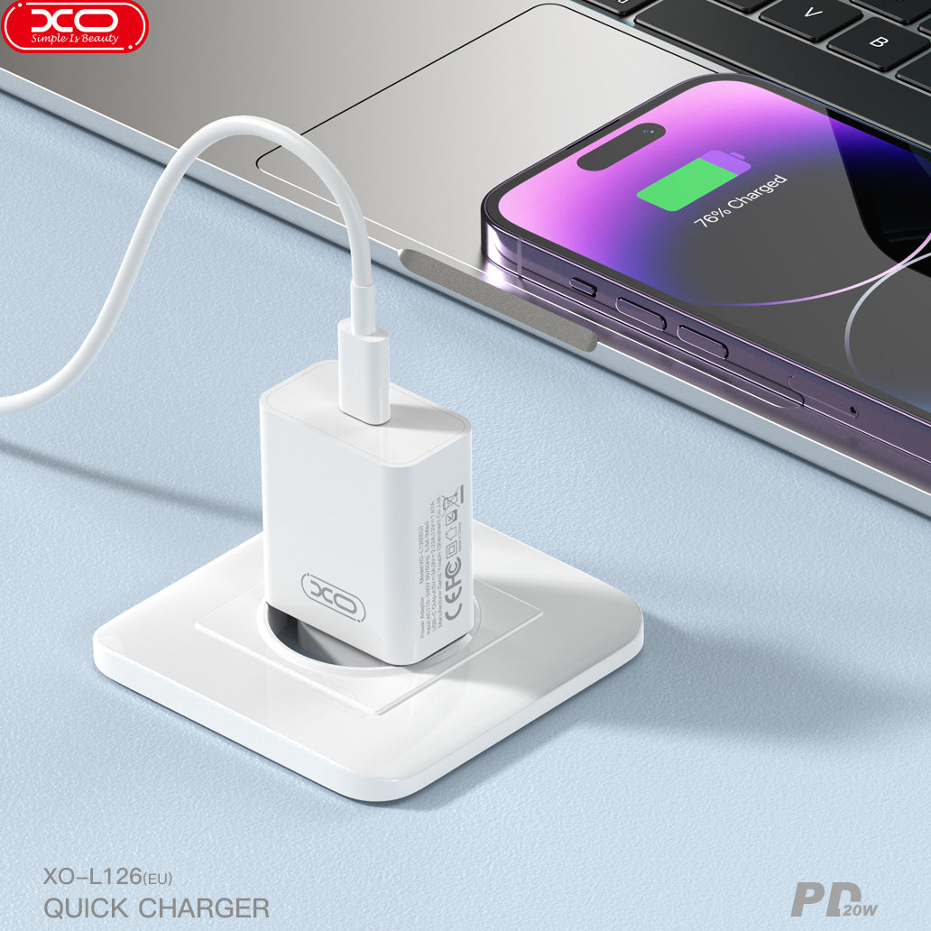Punjač za mrežu sa USB-C kablom XO Design L126, 20W, 3A, 1 x USB-C, Bel