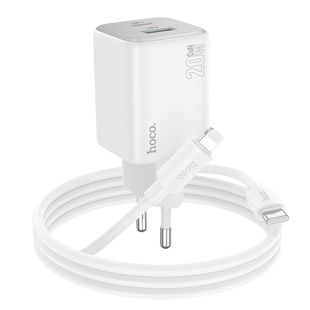 Punjač za mrežu sa Lightning kablom HOCO N41, 20W, 3A, 1 x USB-A - 1 x USB-C, Beli