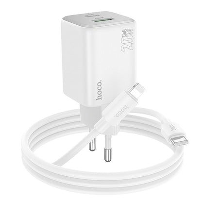Punjač za mrežu sa Lightning kablom HOCO N41, 20W, 3A, 1 x USB-A - 1 x USB-C, Beli