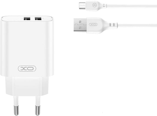 Punjač za mrežu sa microUSB kablom XO Design CE34, 12W, 2.4A, 2 x USB-A, Bela