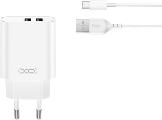 Punjač za mrežu sa USB-C kablom XO Design CE34, 12W, 2.4A, 2 x USB-A, Bela