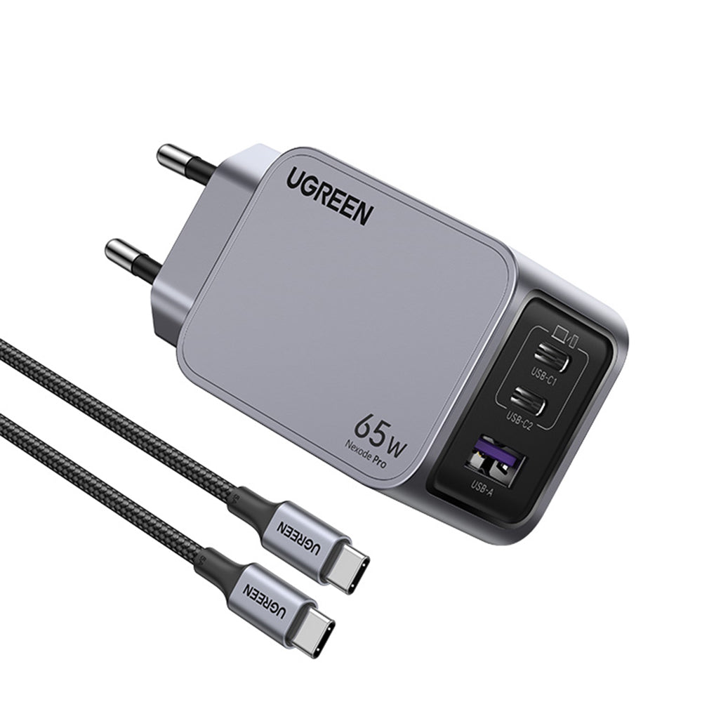 Punjač za mrežu sa USB-C kablom UGREEN X755 Nexode Pro, 65W, 3A, 1 x USB-A - 2 x USB-C, Sivi